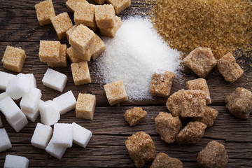 Various types of sugar, brown sugar and white