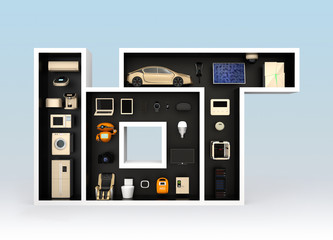 Smart appliances in layout as 'IoT'. Internet of Things concept for consumer products. 3D rendering image.