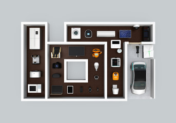 Smart appliances in layout as 'IoT'. Internet of Things concept for consumer products. 3D rendering image.