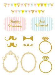 Wedding design elements for party props isolated on white background. Photo booth and scrapbooking vector set for Wedding. 