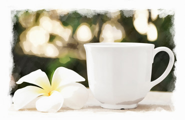 Obraz na płótnie Canvas Cup of coffee in morning garden, watercolor on canvas texture.
