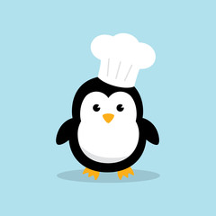 Cute Chef Penguin character. Funny penguin cook or chef with chef hat on sky blue background. Flat design vector illustration.