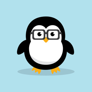 Cute Geek Penguin character. Funny penguin nerd with geek glasses on sky blue   background. Flat design vector illustration.