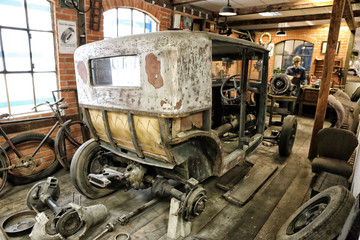 inscenation of the vintage car repair station