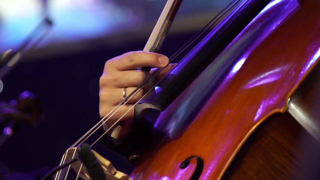 Concert, a woman musician hand pinching the strings cello, hand close up.