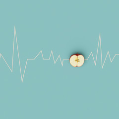Creative Concept : Face Red apple and white graph line on light blue background. top view,