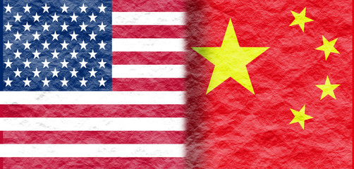 Image relative to politic relationships between United States and China. National flags textured by crumpled paper