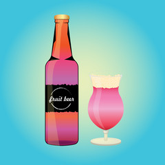 Bottle of the fruit beer with beer glass. Summer alcohol drink. Flat style design
