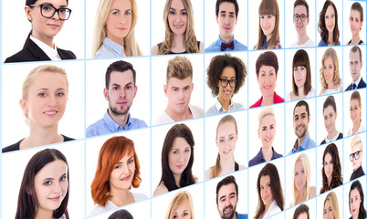 collage with many business people faces over white