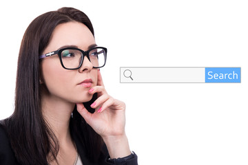 internet concept - thinking woman and search bar isolated on whi