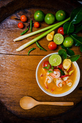Tom yam kong or Tom yum soup. Thai food.