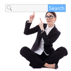 young beautiful business woman sitting and pointing at search ba