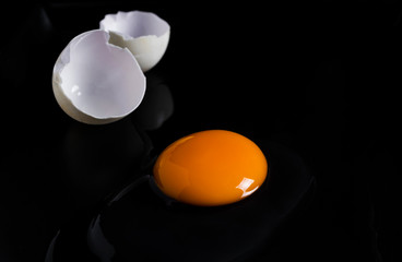 Egg and shell cracked on a black plate