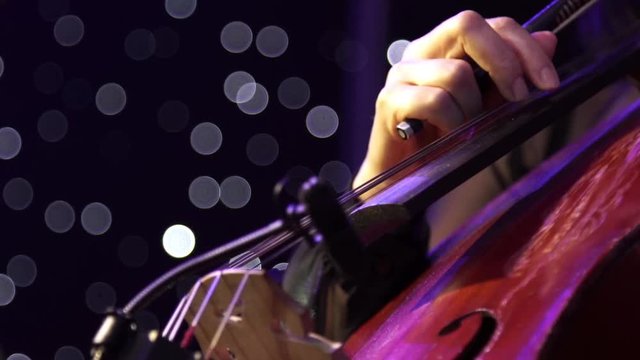 Concert, a musician pinching the strings cello, fingers close up.