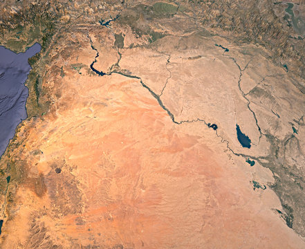 Siria, Iraq, mappa medio oriente,  vista satellitare, ricostruzione 3d