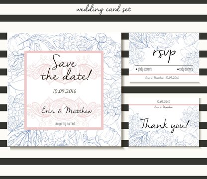 Vector wedding card set in tender style. Includes save the date, rsvp and thank you cards templates.