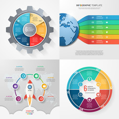 Four infographic templates with 6 steps, options, parts, processes