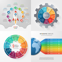 Four infographic templates with 9 steps, options, parts, processes