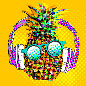 Pop art comic poster with the image of the pineapple with headphones and glasses. Vector illustration.