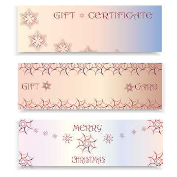 Set of three festive banners for Christmas and New Year. Template for gift certificates, cards, stickers, labels, invitations, postcards, packaging, packing. Vector illustration.