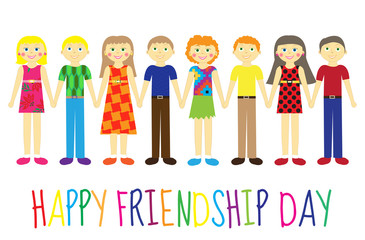 Greeting card with a happy friendship day. Greeting card cute kids, cartoon holding hands. Vector illustration