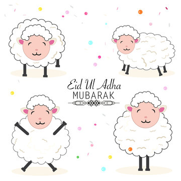 Funny sheeps vector illustration with colorful balloon. Islamic festival of sacrifice, eid ul adha celebration greeting card