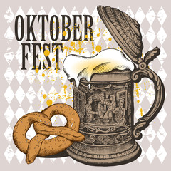 Oktoberfest card. Image of the vintage German mug with beer and pretzel. Vector illustration.