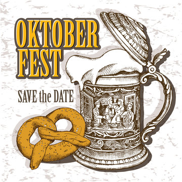 Oktoberfest card. Image of the vintage German mug with beer and pretzel. Vector illustration.