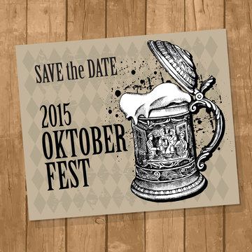 Oktoberfest card with the image of the vintage German mug with beer. Vector illustration.