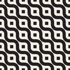 Vector Seamless Black And White Diagonal Wavy Lines Geometric Pattern