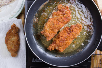 Chef deep fried pork in pan