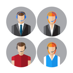 Fototapeta premium Set of icons with the callcenter agents talking through headset