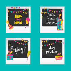 Positive greetings Photo frames. Decorative templates for baby, events or memories. Scrapbook concept, vector illustration.