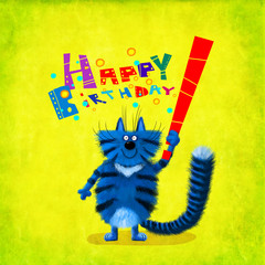 Birthday Card Blue Cat Standing On Yellow Background