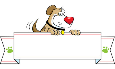 Cartoon illustration of a dog holding a banner.
