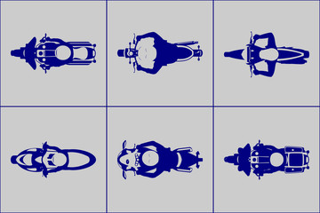 Different kind motorcycle with riders top view icon set