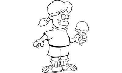 Obraz premium Black and white illustration of a girl eating an ice cream cone.