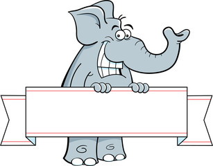 Cartoon illustration of a smiling elephant holding a banner.