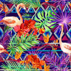 Tribal pattern, tropical leaves, flamingo birds. Repeated native background. Watercolor