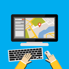 Flat design concepts for GPS navigation, find a place, navigation system.

