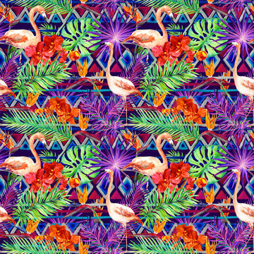 Tribal pattern, tropical leaves, flamingo birds. Repeated ethnic background. Watercolor