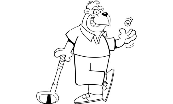Black and white illustration of a gorilla with a golf club and golf ball.