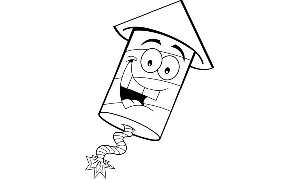 recommend clip art: Black and white illustration of a smiling firecracker.