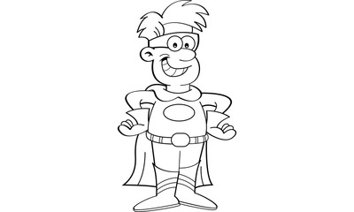 Black and white illustration of a boy wearing a superhero costume.