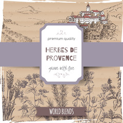 Herbes de Provence label with lavender, oregano, rosemary, thyme, basil.