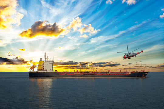 Coastguard Rescue Helicopter Is Approaching The Ship.