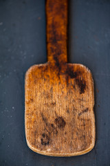 Close up of an old wooden spatula