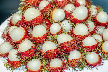 Close up top view of the peeled rambutan