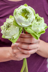 Lady holding beautiful blooming lotus to pay respect to Buddha