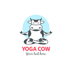 Yoga cow logo template. Funny cartoon vector cow sitting on lotus pose of yoga. 